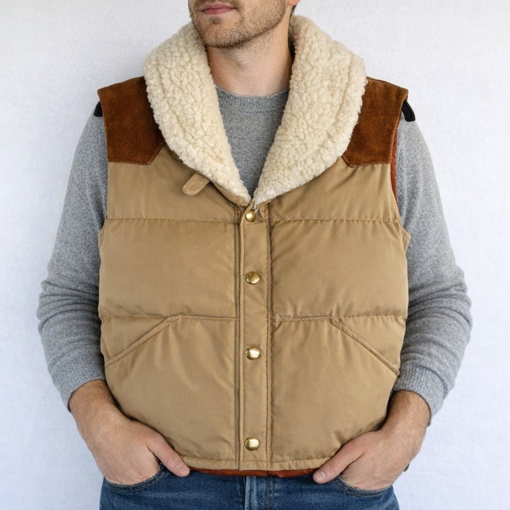 Vintage William Barry Brandon‎ Colorado Mens Puffer Vest Tan Suede Yoke Medium